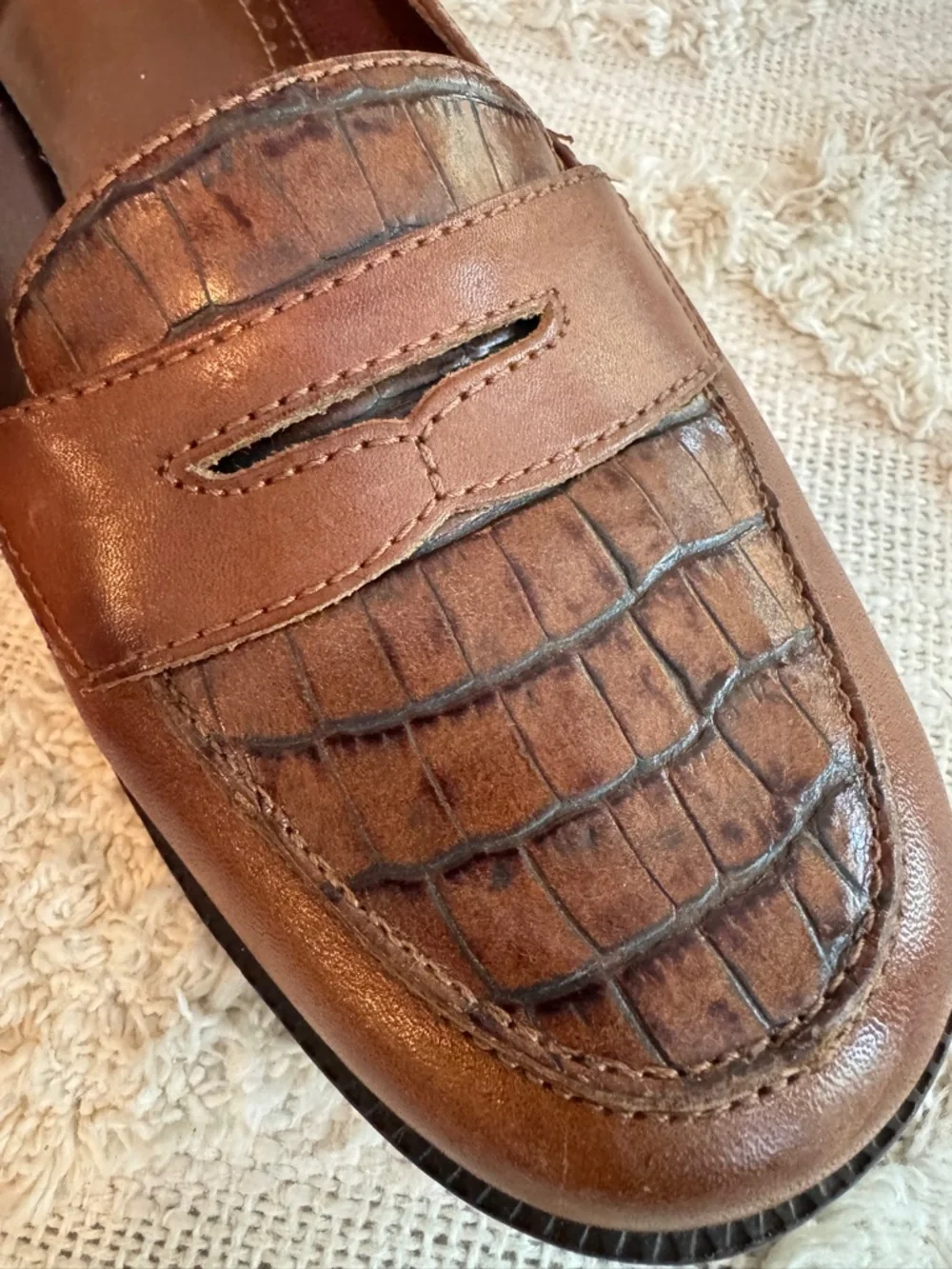 Naturalizer Womens Brown Leather Croc Embossed Penny Loafers Heels 8.5